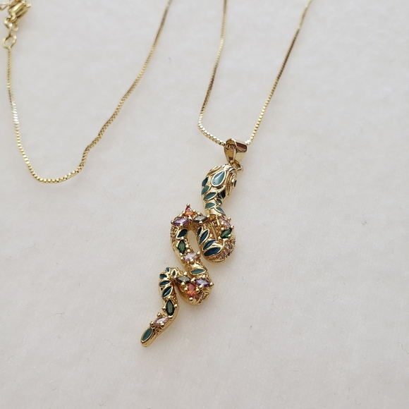 Enamel Snake with Rhinestones Gold tone Necklace - Picture 5 of 15